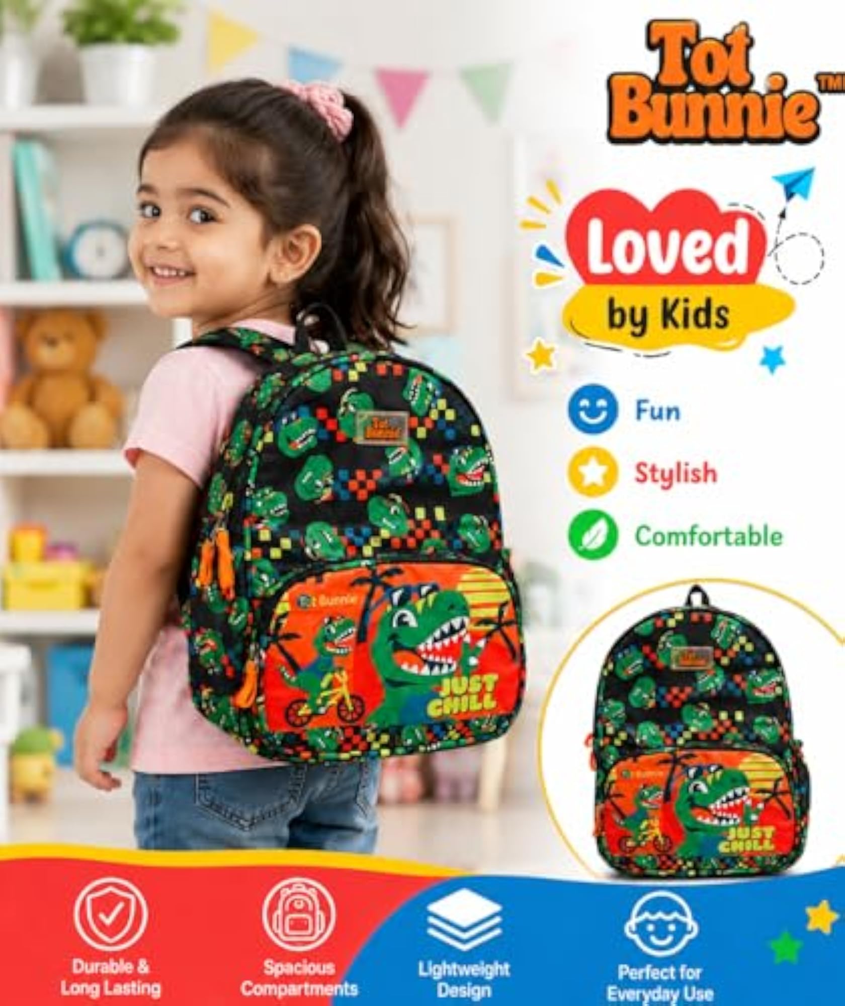 Kids Dinosaur Theme Just Chill Print School Bag