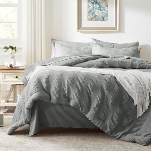 Image of Zzlpp Full Comforter Set 7 Pieces, Grey Seersucker Bed in a Bag with Comforter and Sheets, All Season Bedding Sets with 1 Comforter, 2 Pillow Shams, 2 Pillowcases, 1 Flat Sheet, 1 Fitted Sheet