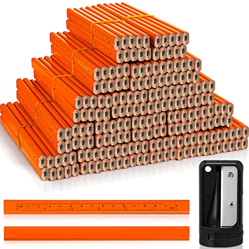 Honoson 202 Pcs Carpenter Pencil Set 200 Pcs Flat Construction Pencils with Printed Ruler Wood Graphite Pencils 2 Pcs Carpenter Pencil Sharpener for Woodworking Marking Tool (Orange)
