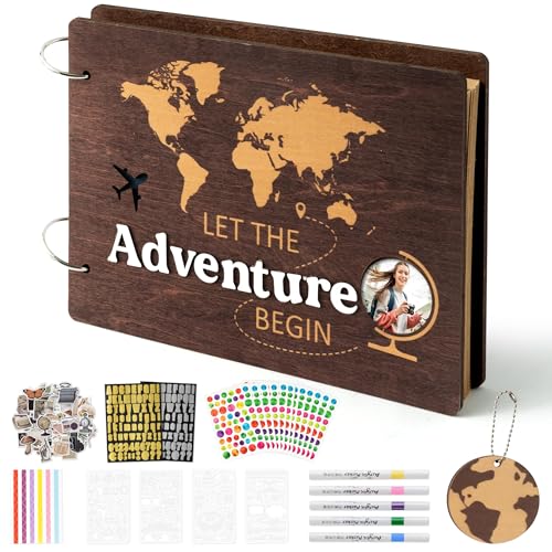 TICIAGA Large Size Adventure Scrapbook Album Kit - 11.8x8.6 IN Let the Adventure Begin Wooden Travel Memory Book for Travelers Graduates & Newlyweds DIY Photo Journal Graduation Wedding Keepsake Gift