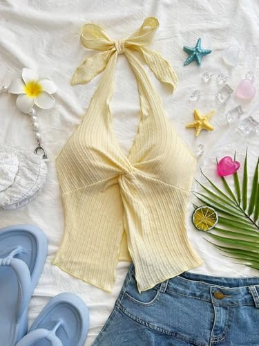 QJQ Women's Halter Tops Twist Front Slit Backless Cute Summer V Neck Tank Top Vacation Outfits 20253