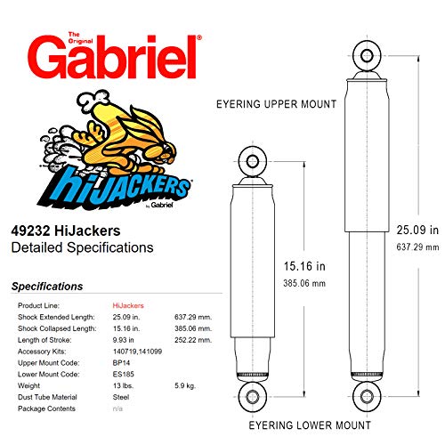 Image of Gabriel 49232 HiJackers Rear Adjustable Air Shock Absorbers Fits 95-01 Ford Explorer; 01-05 Ford Explorer Sport Trac; 97-01 Mercury Mountaineer (1 Pair)