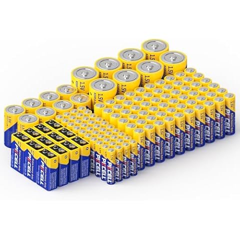 PKCELL 128 Counts Batteries Combo Pack, 60-Count AA Batteries, 40-Counts AAA Batteries, 8-Counts C Batteries, 8-Counts D Batteries and 12-Counts 9V Batteries for Household Electronics Cover
