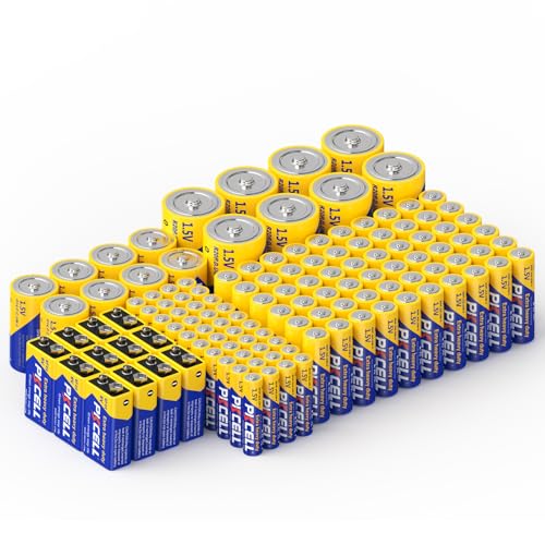 PKCELL 128 Counts Batteries Combo Pack, 60-Count AA Batteries, 40-Counts AAA Batteries, 8-Counts C Batteries, 8-Counts D Batteries and 12-Counts 9V Batteries for Household Electronics