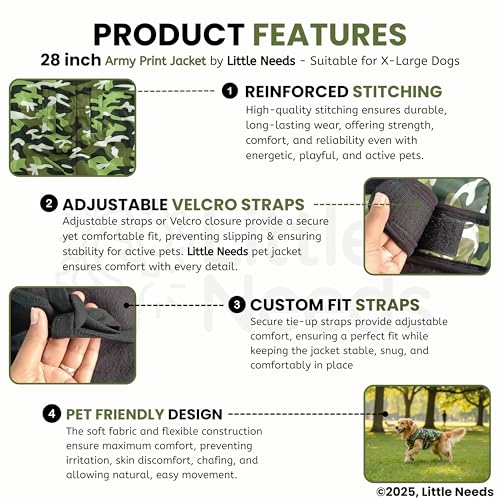 Image of Dog Jacket for Winter (Army Print, 28 Inch) | Camouflage Design, Waterproof & Windproof Polyster Coat with Fleece, Adjustable Velcro Closure, Warm Vest for Cold Weather