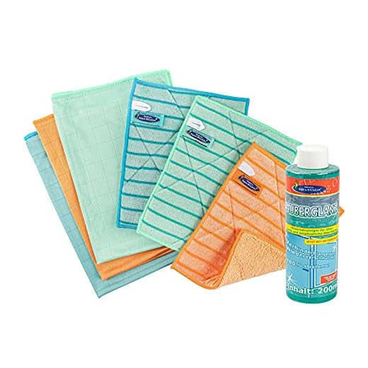 AQUA CLEAN Fenstertücher Ultra Plus Kristall Set – 6 Mikrofaser Fenstertücher + 200 ml Zauberglanz, streifenfrei für Fenster, Spiegel, Glas, Edelstahl, Autoscheiben & Bildschirme