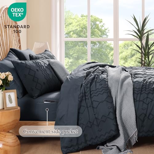 Image of AMBERSPACE Full Size Comforter Set Navy Blue, Tufted Boho Bedding Farmhouse Bed Set, All Season 7 Pieces Bed in a Bag with Sheets, Pillowcases & Shams