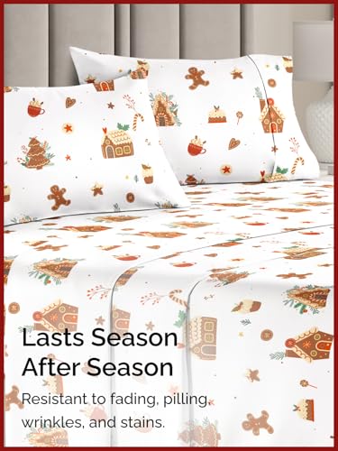 King Gingerbread House Sheet Set - Holiday Xmas Pattern Bedding Set - Deep Pockets - Snug Fit - 4PC - Wrinkle Free & Easy Care - Comfy Festive Winter - Holiday Sheets for Women, Men, Kids & Teens