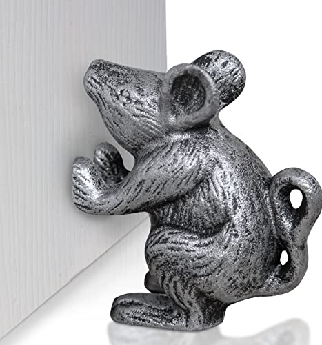 Parada de la puerta decorativa del ratón de hierro fundido - Cuña de la puerta pesada - Diseño único, antiguo - Acabado decorativo encantador, fondo de fieltro antirrayado acolchado - Negro Plata Cover