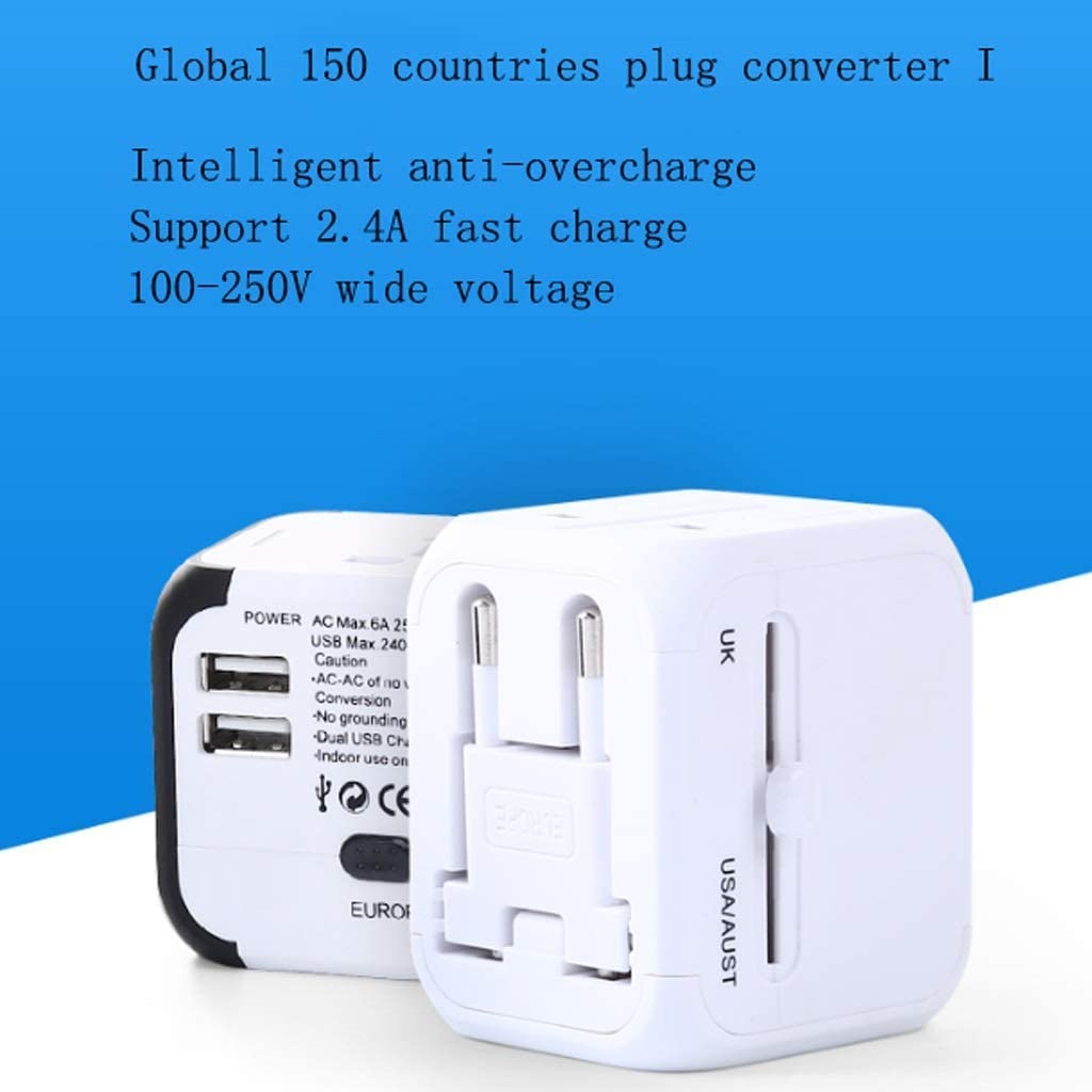 Internationaler Steckeradapter mit 2 USB-Anschlüssen Reisen Sie weltweit All-in-One-Wandladegerät-Konverter für Großbritannien, EU, Europa, Irland, AU