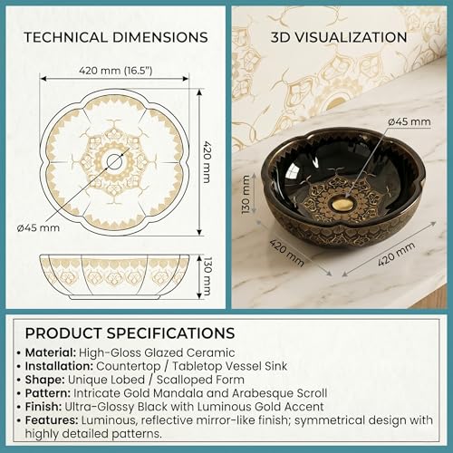 Image of BASSINO 16.5x16.5x5 Inches Moroccan Ceramic Table Top Wash Basin /Glossy Black Designer Bowl Sink for Bathroom /Vanity Sink /Handcrafted Flower Shape Countertop Washbasin for Office /Hotel(Glossy)