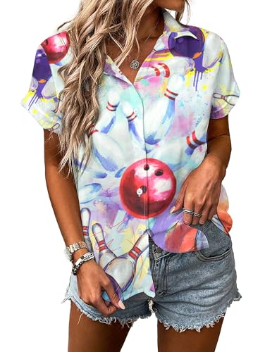 ASTANFY - Bowling Shirts for Women Hawaiian Bowling Shirt Bowling Lover Gifts Button Down Tops Casual Short Sleeve Jersey White - -21%