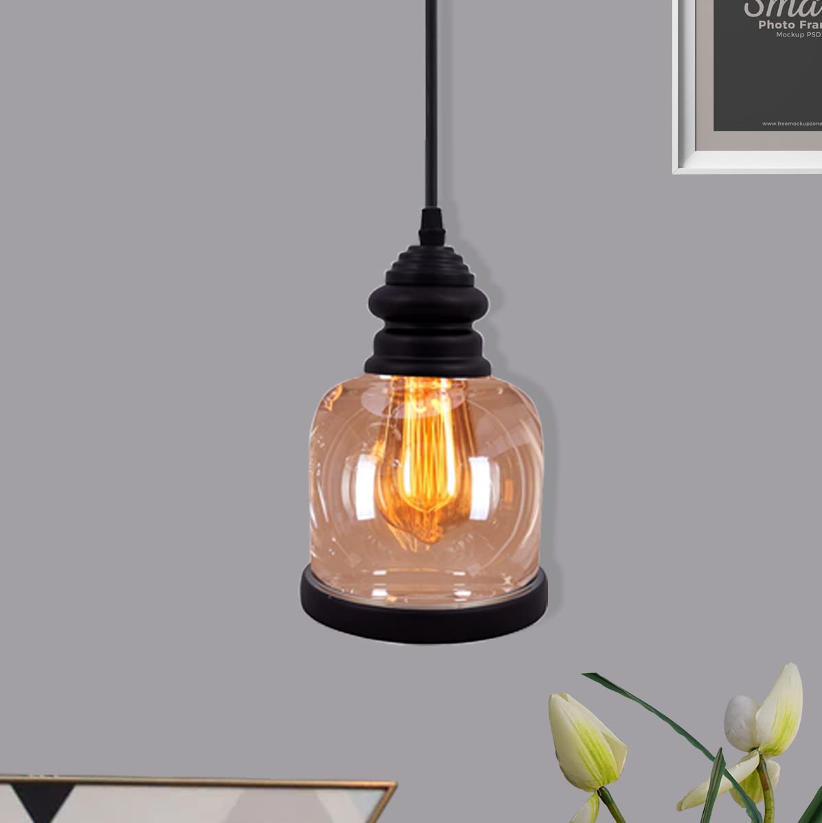 Pendant Light with Amber Glass Jar Shade Matte Black Adjustable Hanging Lighting Fixture, Industrial Antique Pendant Lamp for Kitchen Island, Dining Room, Foyer, Cylinder, Pack of 1-image-44