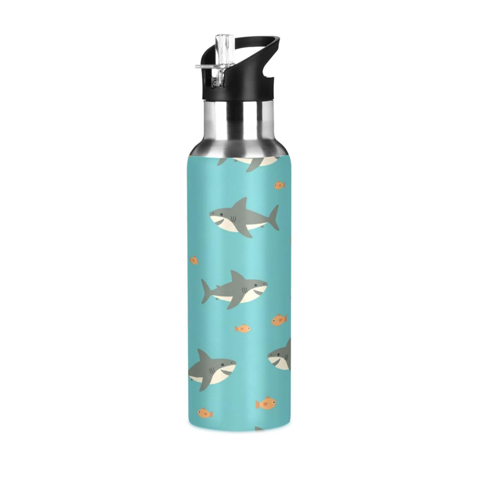 BOESI Sharks Pattern Insulated Water Bottle 600ml, Stainless Steel Vacuum Sports Bottle with Straw, Leak Proof Thermal Bottle for Gym Travel Outdoor