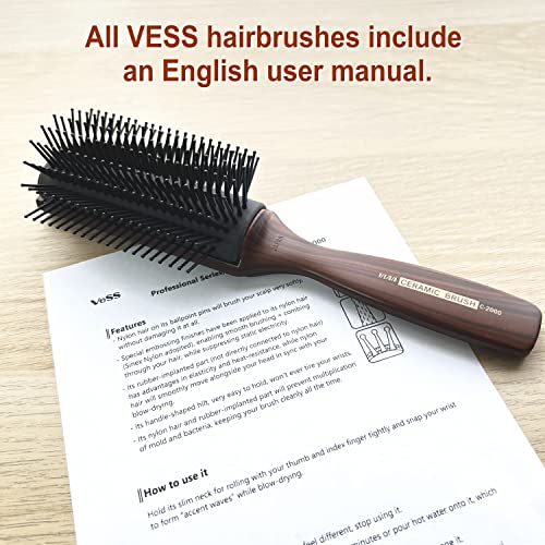 Vess C-2000 Professional Hair Brush Tourmaline Ceramic 9 Row Round Tip Curved Pad Anti-Static Natural Rubber Specialized Pin Structure #TOP2