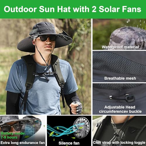 Image of Fishing Hats with Sunglasses, Wide Brim Sun Hat with 2 Solar Fan, USB & Solar Powered Fishing Hats, Solar Fan Hats UPF 50+