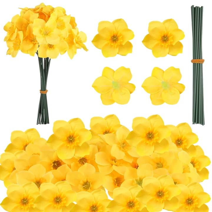 30 Set Artificial Daffodils Silk Fake Narcissus Flowers with Branch Wales Welsh St Davids Day Decorations for Bouquet Corsages Home Kitchen Wedding Decoration DIY Flower Arrangements (30 Yellow)