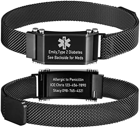 VNOX Medical Alert Bracelets for Men & Women Kids with Free Engraving Adjustable Stainless Steel Mesh Emergency Medical ID Bracelets Wristband