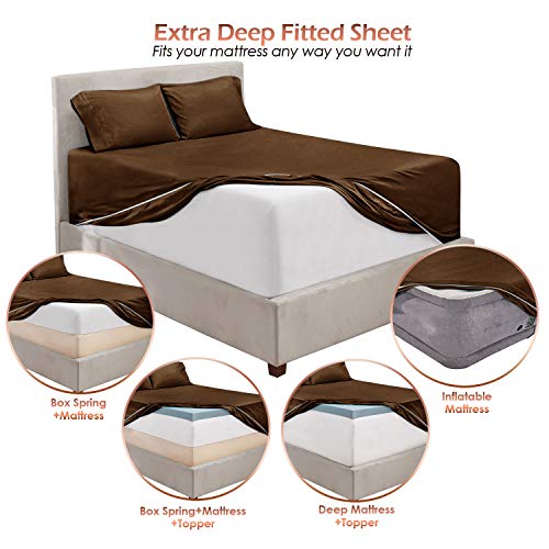 Image of Hearth & Harbor Extra Deep Pocket 4-Piece Bed Sheets Set - Super Deep Fitted Sheet 18-24 inces Depth, Fits High Profile Mattresses with Toppers, California King, Chocolate Brown | 4 Piece Bed Sheet Set, Ultra Soft & Breathable, Fits Up to 24 inch Mattress, Hotel Luxury