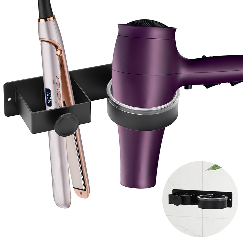 Tefola Hair Dryer Holder Wall Mount, Aluminum Bathroom Organizer with Silicone Pad, 8.3 x 2.4 x 2 inches, Black