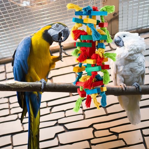Image of Seenelling 4 Pcs Extra Large Bird Toys for Parrots, Block and Ball | Multicolored Natural Wooden Blocks & Beads Bells, Bird Cage Chewing Toys for Large Medium Macaws African Grey Cockatoos