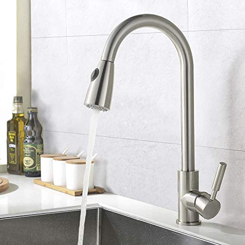Comllen Commercial Single Handle High Arc Brushed Nickel Pull Out Kitchen Faucet ,Single Level Stainless Steel Kitchen Sink Faucets with Pull Down Sprayer Without Deck Plate