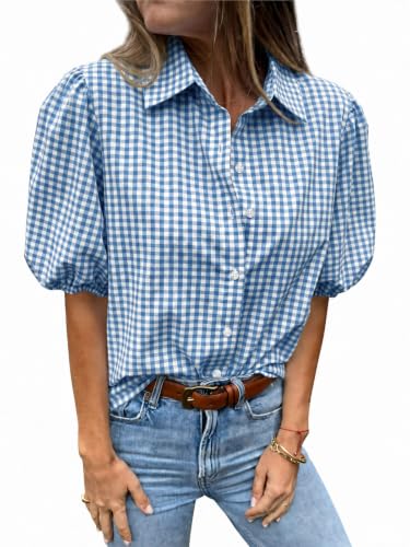 Image of Tankaneo Women's Button Down Shirts Short Puff Sleeve Collared Dressy Casual Blouse Tops