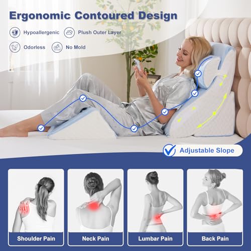 Image of WSOFRLAC 4PCS Bed Wedge Pillow for Sleeping and Sitting Up, Orthopedic Memory Foam Pillow Set for Back Pain, Post Surgery Recovery, Acid Reflux, GERD Relief, Triangle Shape, Blue White