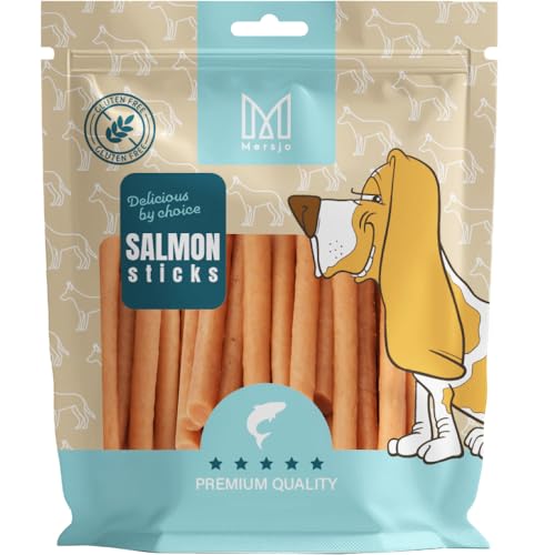 MERSJO Hundeleckerli - 85% Hoher Fleischanteil, Keine Zusatzstoffe, Getreide- und Zuckerfrei, Leckereien für Hunde zur täglichen Ergänzung, Natürliche Kauhilfe, Lachs-Kabanos, 500g