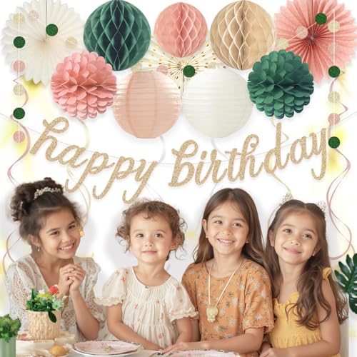 Image of Pink Sage Green Happy Birthday Decorations, Pre-Strung Happy Birthday Banner with Honeycomb Balls, Paper Flowers, Lanterns, Hanging Swirls, Circle Dots Garland for Birthday Party Decorations 24pcs
