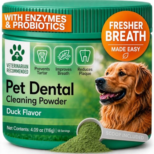 Dog Dental Powder, Pet Tartar and Plaque Remover for Teeth, Dog Breath Freshener, Tooth Cleaning Powder with Probiotics and Brown Algae for Dogs of All Breeds and Sizes, Duck Flavor