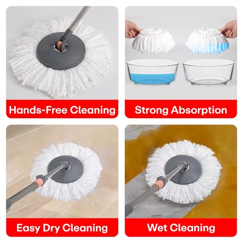 Image of Prime Pick Spin Mop with Stainless Steel Wringer & Big Wheels | 360 Rotating Mop, Adjustable Handle | Easy Floor Cleaning Bucket Set with 2 Microfiber Refills - Grey & Orange (46 x 24 x 22 cm)
