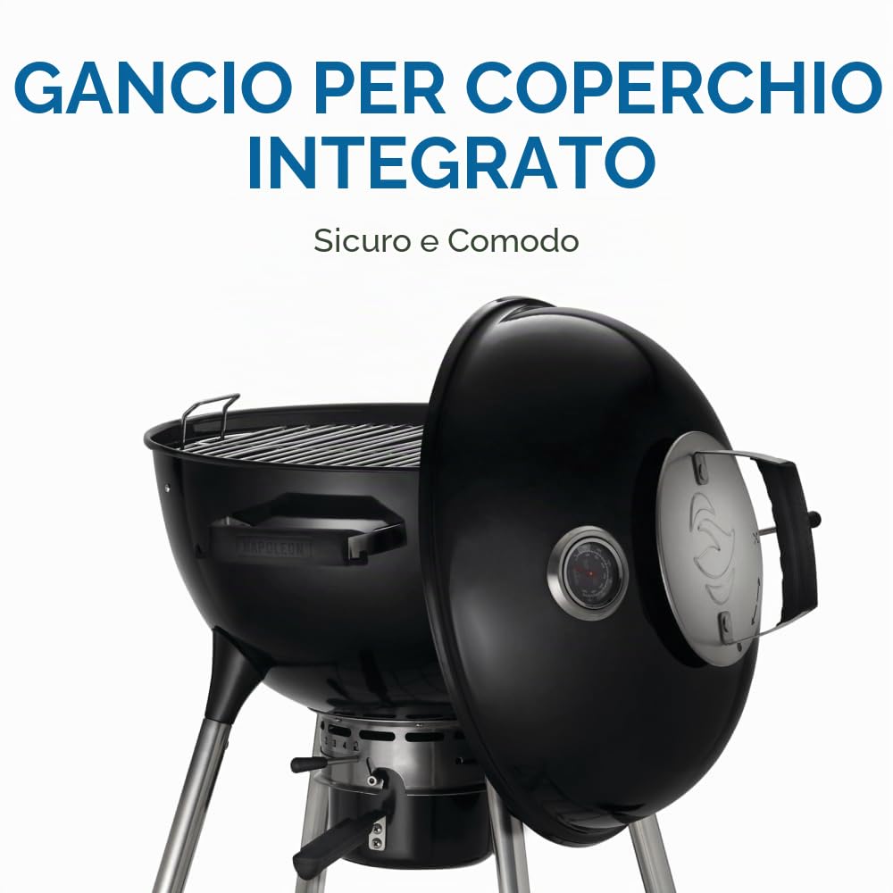 Napoleon - Barbecue a carbone NK22, nero, coperchio e ciotola smaltati in porcellana, griglia di cottura cromata