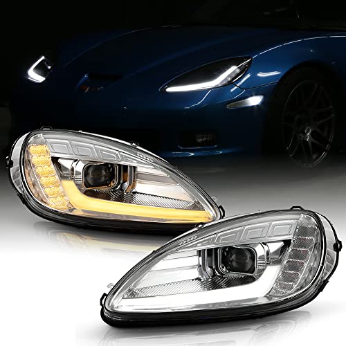 ACANII - For 2005-2013 Chevy Corvette C6 Chrome Switchback LED Tube Sequential Signal Projector Headlights Left+Right