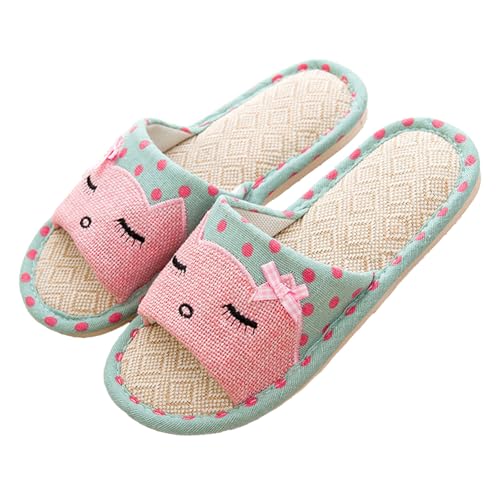 Women's Cute Cat Linen Sandals Korean Pink Soft Breathable Flat Slippers Girl Non-Slip Slides Girly Indoor Kawaii Gift