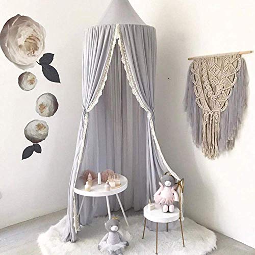 Mosquito Net Canopy, Dome Princess Bed Canopy Bedcover Curtain Tent Children's Room Decorate for Baby Kids Indoor Outdoor Playing Reading 240cm (with Lace Trim Grey)