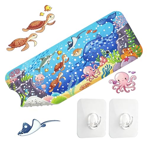 Solyxis Alfombra Bañera Antideslizante Niños, 100x40 cm Alfombra Ducha, con 2 Ganchos, Sin BPA, Resistente al Moho, Lavable a Máquina, para Bañera & Ducha, Azul