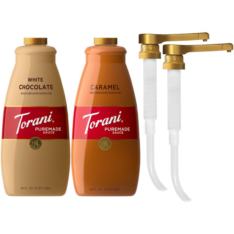 Torani Caramel and White Chocolate Sauce for Coffeehouse Drinks and Desserts, Large 4lb Bottles, Pumps Included, 64 Oz Ea