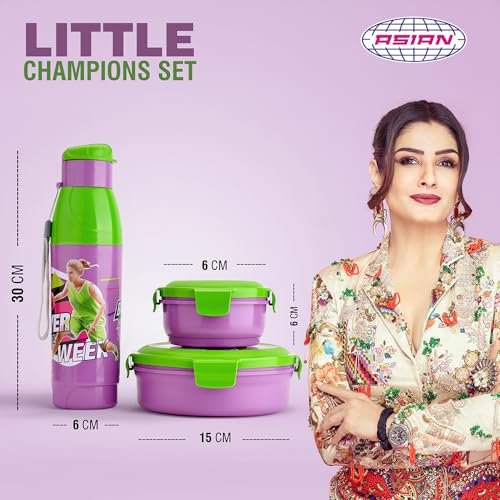 Image of Asian Plastowares Little Champions 3-in-1 Insulated Lunch Box Set for Kids | 700ml Steel Tiffin, 500ml Water Bottle | Leakproof, BPA Free | Green & Violet | Must-Have Back to School Set