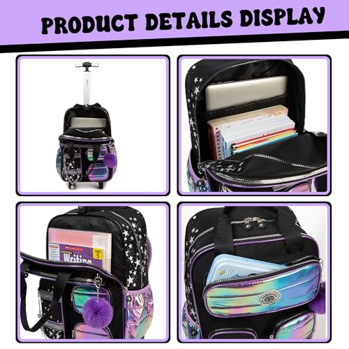 Meetbelify Rolling Backpack with Wheels for Girls School Rolling Backpack with Lunch Bag and Pencil Case Set Kids Travel Luggage for Elementary Girls Ages 5-124
