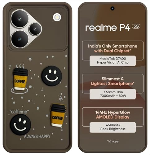 SBMS Silicone Back Cover Case for Realme P4 5G | Cute Fun 3D Cartoon, Coffee Design Silicone Case | Camera Protection Bump | Shockproof Back Case Cover for Realme P4 5G (Coffe Mug Brown)