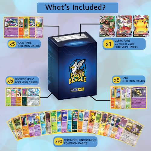 Eaglebeagle 100 Ultra Rare Card Bundle Collection Compatible With Pokemon Cards Authentic 1 Ultra-Rare V Vmax Or Vstar, 5 Rare, 5 Holo, 5 Reverse Bundled Deck Box #TOP1
