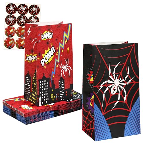 Caoekego Spider Paper Bags 32Pcs Red and Black Spider Treat Bags for Cartoon Superhero Themed Birthday Party Decorations Supplies, 8.6 x 4.72 x 3.1 in