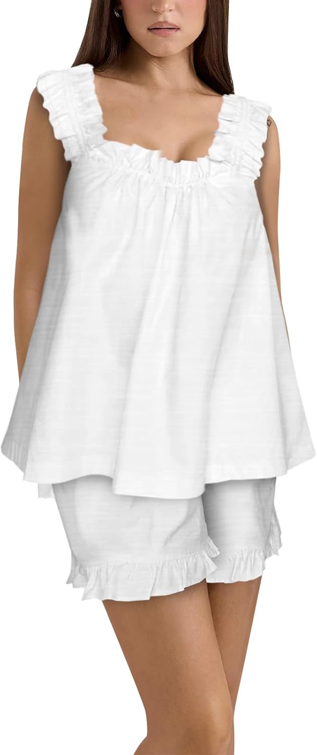 Pajamas For Women Set Summer Two Piece Ruffle Pjs Set Cute Trim Cami Tank and Short Bridal Lounge Sets