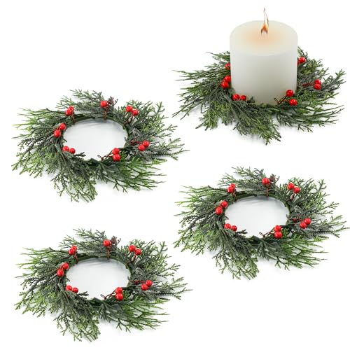 Bacucine 4 PCS Christmas Candle Rings Christmas Decorations Artificial Berries Pine Needles Candle Wreaths for Home Wedding Living Room Table Decoration