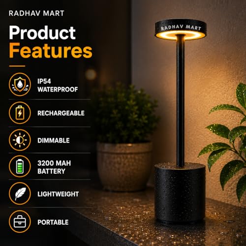 Image of Rechargeable Cordless Table Lamp, Dimmable Touch Control LED Lamp, Waterproof Portable Metal Desk Light for Bedroom, Dining Table, Restaurant, Hotel, Study & Outdoor Use (LED Desk Lamp)