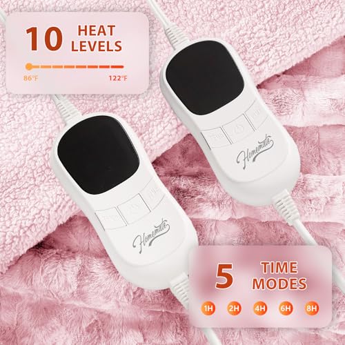 Image of Homemate Electric Heated Heating Blanket Queen Size 84 inchx90 inch Dual Control | ETL Certified 2 /4 /6 /8H Auto-Off 10 Heat Level Overheat Protection Machine Washable FauxFur Sherpa,Cold Room Cold Sleeper Gift