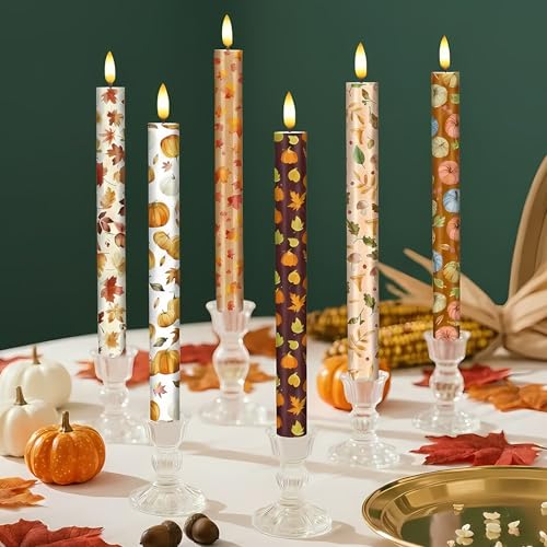 Grinsvalley 6 Pack Fall Flameless Taper Candles 10.6 Plastic LED Candles 3D Wick Flickering Electric Tall Candlesticks Battery Operated for Thanksgiving Fall Autumn Home Party Decor