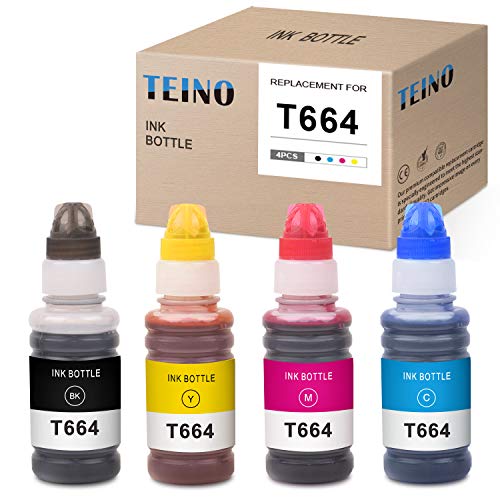 TEINO Compatible Ink Bottle Replacement for Epson 664 T664 use with Epson Expression L355 L210 L120 L555 L200 ET-2650 ET-2550 ET-4550 ET-4500 Workforce ET-16500 (Black, Cyan, Magenta, Yellow, 4-Pack)