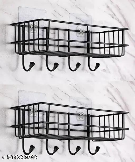 (PACK OF 2) Steel Self-Adhesive Multipurpose Bathroom Shelf with Hooks/Towel Holder/Rack/Bathroom Accessories-Wall Mount - Pack|Design - for home and kitchen 3